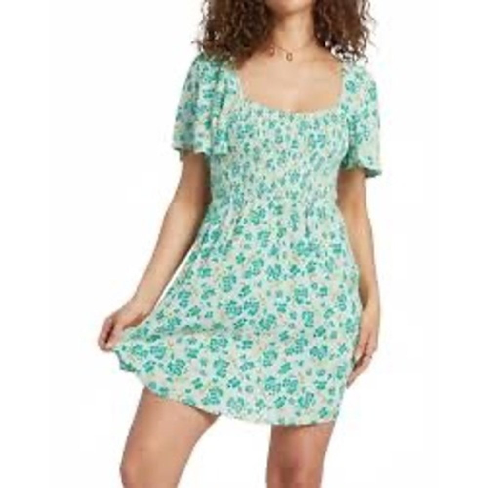 Billabong Womens Mint Green Floral Smocked Puff Sleeve Mini Dress Size S NEW